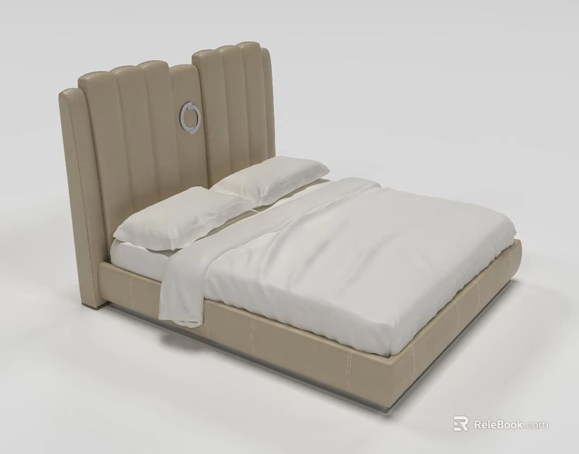 Modern Double Bed with Beige Panel Headboard Circular Accent and White Bedding 3d model 