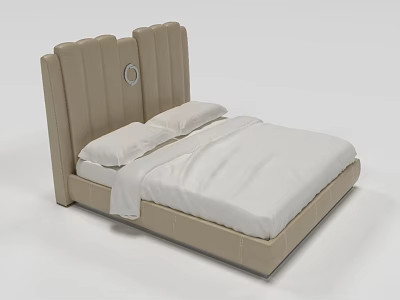 Modern Double Bed with Beige Panel Headboard Circular Accent and White Bedding 3d model
