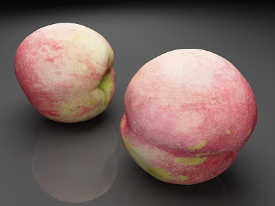 Two Fresh Pink and White Peaches with Green Spots on Dark Reflective Surface 3d model