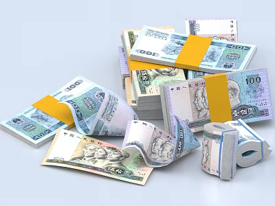 Daily Necessities Featuring Stacked And Rolled 100 Denomination Banknotes With Yellow Bands 3d model