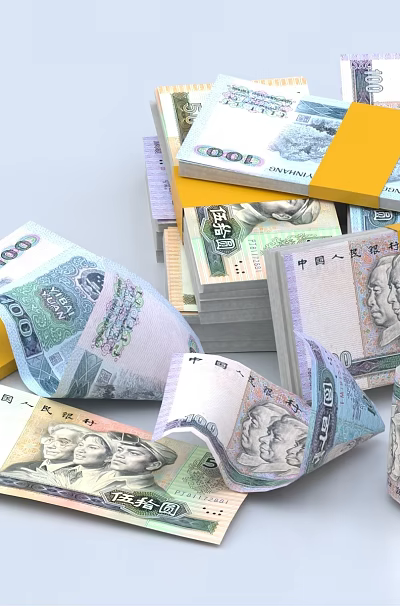Daily Necessities Featuring Stacked And Rolled 100 Denomination Banknotes With Yellow Bands 3d model