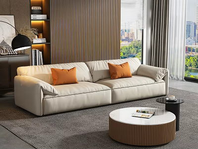 Modern Living Room With Beige Sofa Orange Pillows Round Wooden Coffee Table And City View 3d model
