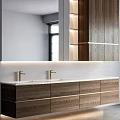 Modern Bathroom Vanity With Double Sinks Wooden Cabinets Gold Accents And Lighted Mirror