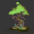 Cartoon Scene With Curved Trunk Tree Featuring Yellow Leaves Stones And Green Grass