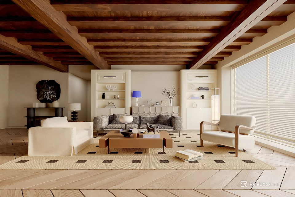 Cozy Modern Living Room Interior With Wooden Ceiling Beams Sofa Armchair And Coffee Table 3d model 