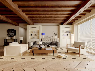 Cozy Modern Living Room Interior With Wooden Ceiling Beams Sofa Armchair And Coffee Table 3d model