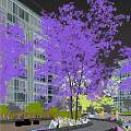 Modern High Rise Residential Building Landscape With Glass Curtain Walls And Autumn Trees Under Sunlight