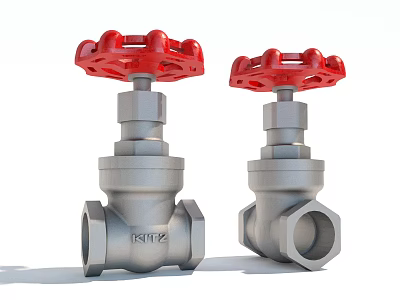 Two Silver Industrial Valves With Red Handles For Plumbing Systems 3d model
