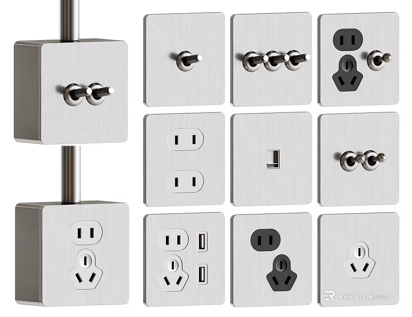 Modern Switch and Socket Panels with Various Designs and Silver Metal Finish 3d model 