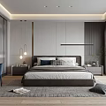 Modern Bedroom Interior With Large Bed Nightstands Pendant Lights Rug Desk Chair And Curtains
