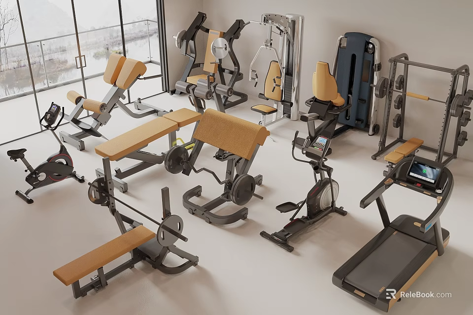 Modern Home Gym Fitness Equipment With Treadmill Dumbbells Exercise Bench And Stationary Bike 3d model 