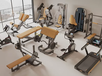 Modern Home Gym Fitness Equipment With Treadmill Dumbbells Exercise Bench And Stationary Bike 3d model