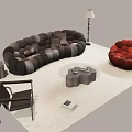 Black Tufted Sofa And Glass Coffee Table With Red Round Armchair Floor Lamp Rug