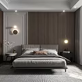Minimalist Modern Bedroom Interior With Wooden Walls Gray Bed Pendant Lights And Rug