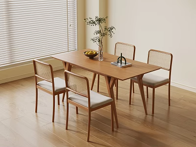 Minimalist Wooden Dining Table Set With Rattan Backrest Chairs And Fruit Plate 3d model