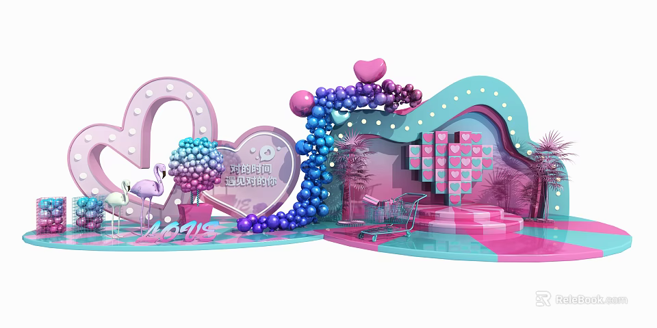 Shopping Mall Promotion Stage With Pink Blue Balloons Heart Decor And Flamingo 3d model 