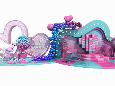 Shopping Mall Promotion Stage With Pink Blue Balloons Heart Decor And Flamingo 3d model