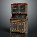 Vintage Decorative Painted Cabinet With Upper Glass Doors And Colorful Floral Patterns