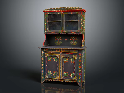 Vintage Decorative Painted Cabinet With Upper Glass Doors And Colorful Floral Patterns 3d model