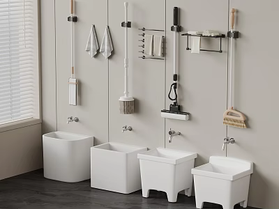 Wall Mounted Cleaning Tools And White Mop Buckets With Storage Shelves 3d model