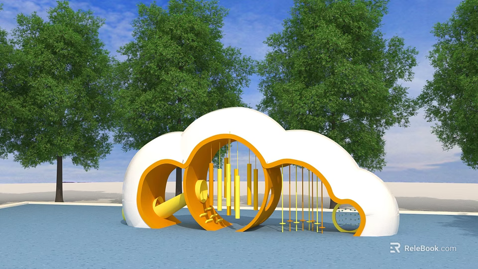 Cloud Shaped Outdoor Playground Equipment White and Orange with Climbing Frames Slide and Green Trees 3d model 