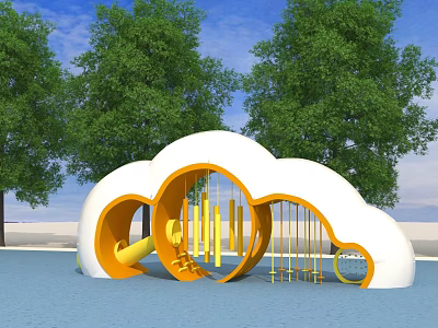 Cloud Shaped Outdoor Playground Equipment White and Orange with Climbing Frames Slide and Green Trees 3d model