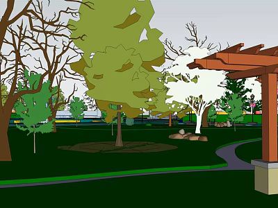 Hand Drawn Park Scene With Green Trees Wooden Pergola And Curved Pathway 3d model