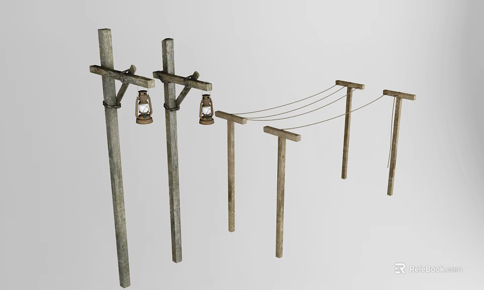 Traditional Rustic Wooden Poles With Hanging Lanterns And Connecting Ropes 3d model 