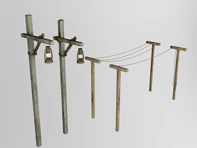 Traditional Rustic Wooden Poles With Hanging Lanterns And Connecting Ropes 3d model
