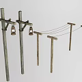 Traditional Rustic Wooden Poles With Hanging Lanterns And Connecting Ropes