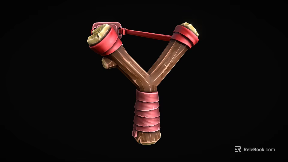 Traditional Wooden Slingshot Featuring Red Straps And Yellow Leather Wrapped Ends Design 3d model 