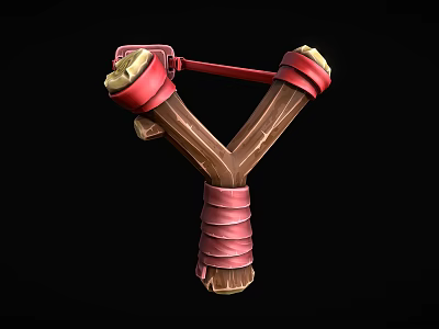 Traditional Wooden Slingshot Featuring Red Straps And Yellow Leather Wrapped Ends Design 3d model