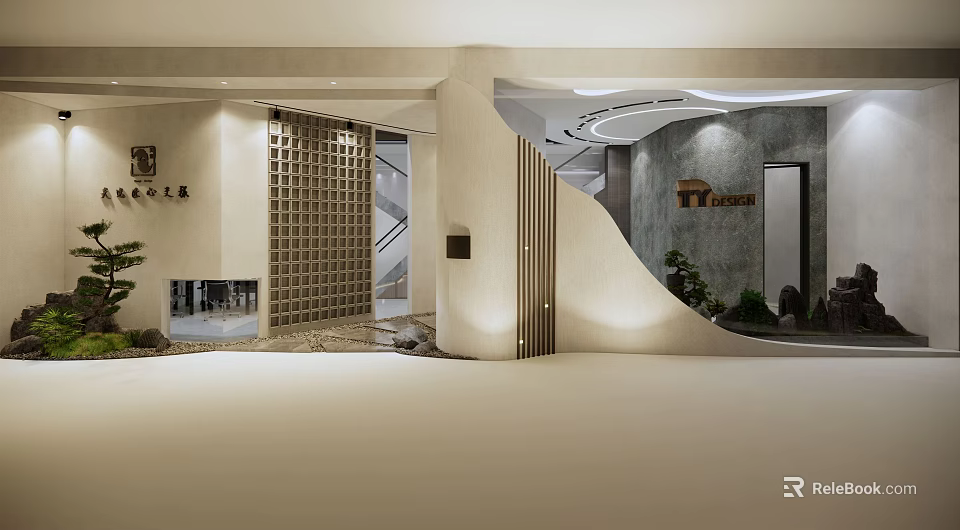 Modern Shopping Mall Store Entrance Design With Curved Architecture Soft Lighting And Green Plants 3d model 