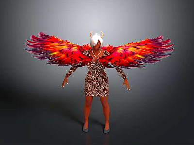 Woman in leopard print dress with red and orange feathered wings and white headpiece 3d model