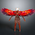 Woman in leopard print dress with red and orange feathered wings and white headpiece