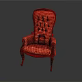Traditional Chair With Red Wooden Frame Armrests Red Fabric And Black Button Tufting High Backrest