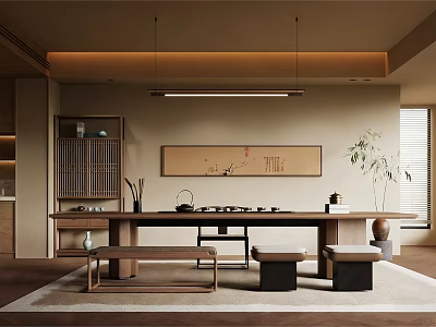 Modern Zen Solid Wood Tea Table And Chairs Set For Cozy Chinese Tea Room Interior 3d model