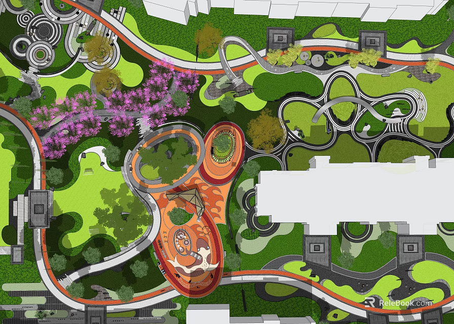 Urban Park Landscape Design With Curved Pathways Green Lawns And Flower Beds 3d model 