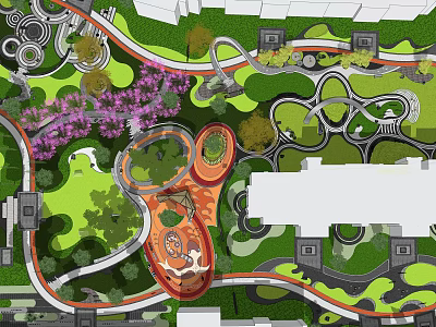 Urban Park Landscape Design With Curved Pathways Green Lawns And Flower Beds 3d model