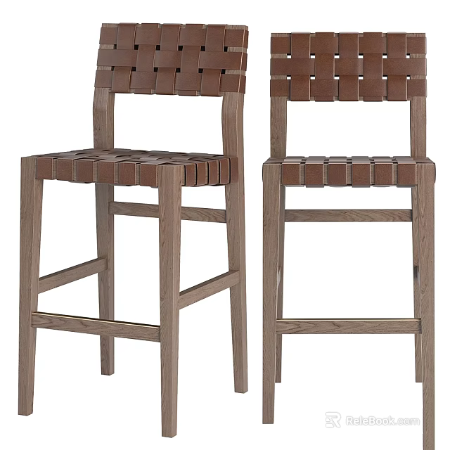Brown Woven Leather Bar Stool with Solid Wooden Frame and Comfortable Design 3d model