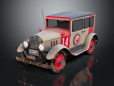 Vintage Car With Number 14 Red Wheels And Beige Red Body 3d model