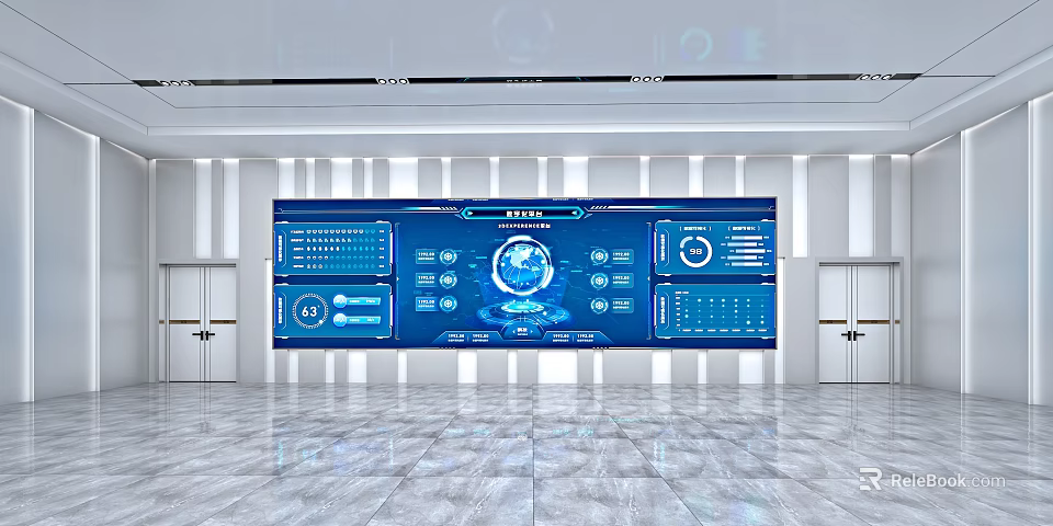 Modern Monitoring Room With Large Display Screen Data Charts And Control Console 3d model 