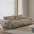 Stylish Double Sofa With Abstract Black White Pattern And White Blinds Wooden Frame Floor Lamp
