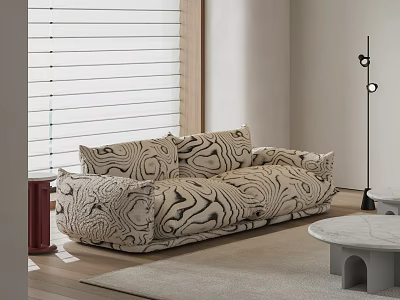 Stylish Double Sofa With Abstract Black White Pattern And White Blinds Wooden Frame Floor Lamp 3d model