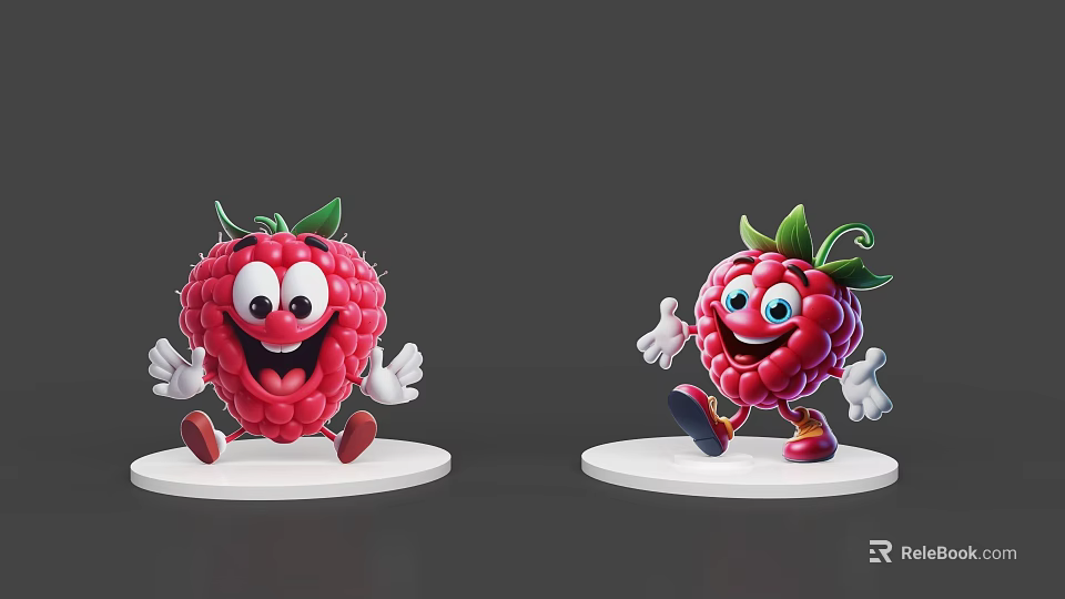 Cartoon Raspberry Characters With Smiling Faces Arms Legs And Cheerful Poses Standing On White Bases 3d model 