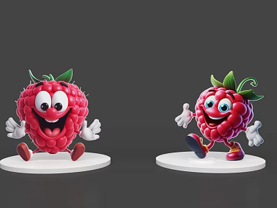 Cartoon Raspberry Characters With Smiling Faces Arms Legs And Cheerful Poses Standing On White Bases 3d model