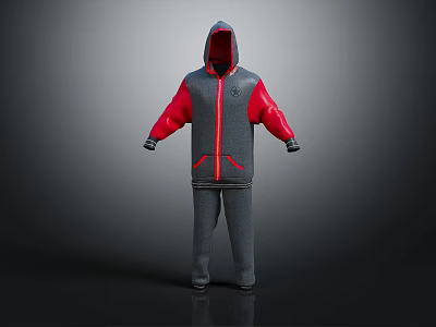 Hooded Tracksuit Set with Gray Body Red Sleeves and Zip Pockets 3d model