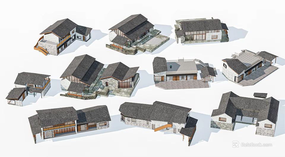 Traditional Rural House Models Featuring Tile Roofs And Diverse Architectural Structures 3d model