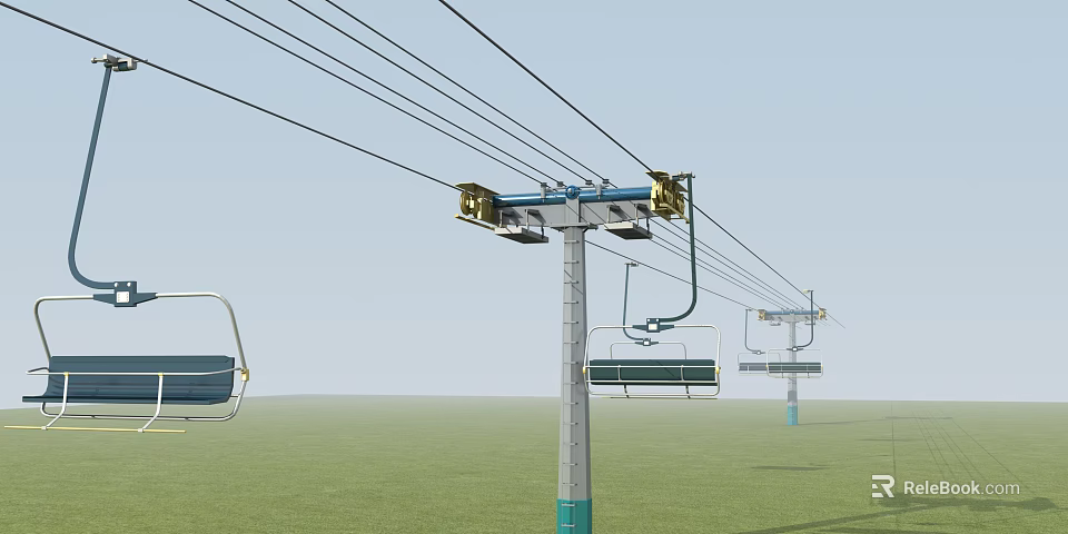 Chair Lift System With Cables Poles And Seats Over Green Grass Field 3d model 