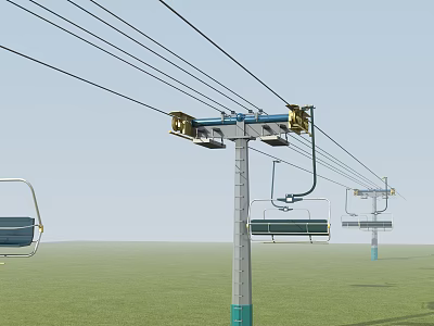 Chair Lift System With Cables Poles And Seats Over Green Grass Field 3d model